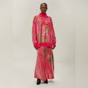 Farm Rio Pink Flowers Sequins Midi Skirt